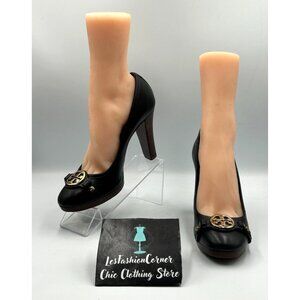 Tory Burch Women's Black Leather With Logo Accent Heels Pumps Size 8.5 3196